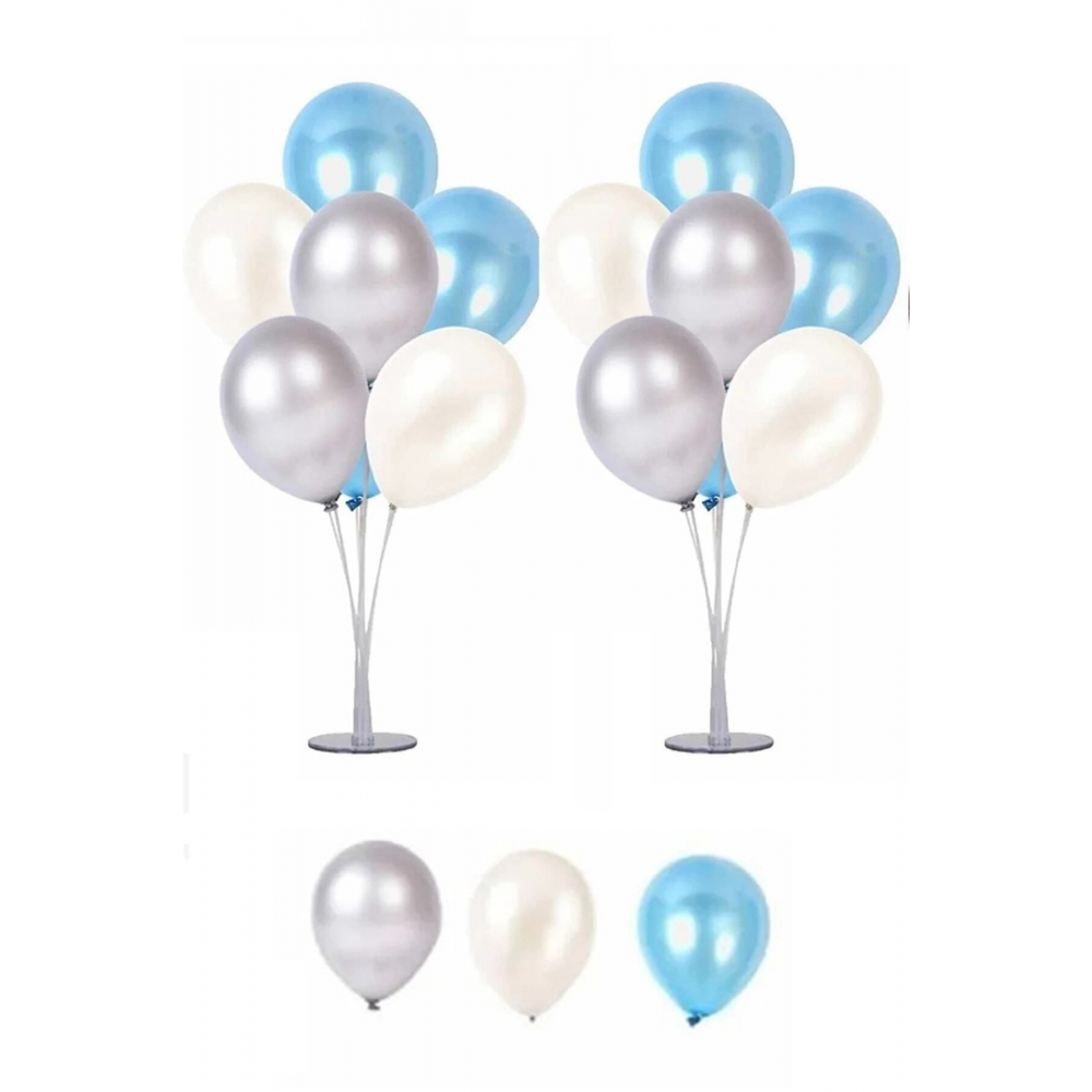 2 Adet 7'li Balon Standı Ve 14 Adet Gümüş -mavi - Beyaz Metalik Balon Set