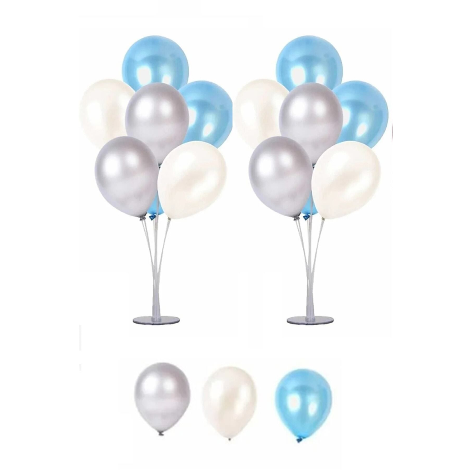 2 Adet 7'li Balon Standı Ve 14 Adet Gümüş -mavi - Beyaz Metalik Balon Set