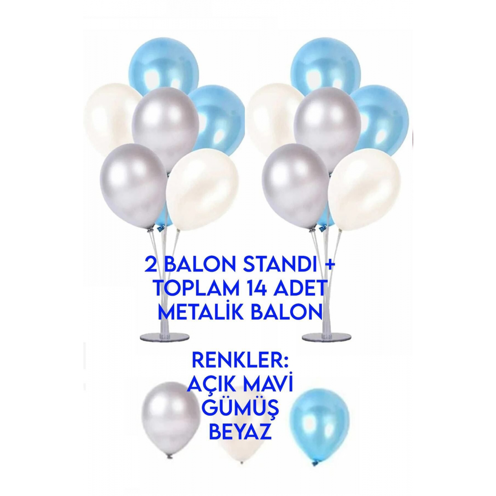 2 Adet 7'li Balon Standı Ve 14 Adet Gümüş -mavi - Beyaz Metalik Balon Set