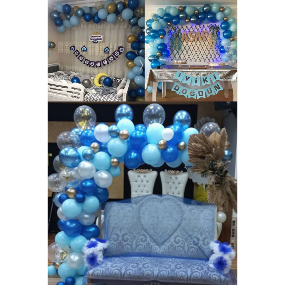 Mavi Lacivert 65li Balon Zinciri Süsleme Seti 5 Renkli Sünnet, 1 Yaş, Mevlid