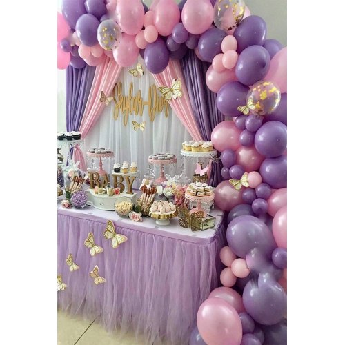70 Adet Şeffaf Pullu Lila Pembe Makaron Soft Balon Zincir Seti Dogum Günü Balonu