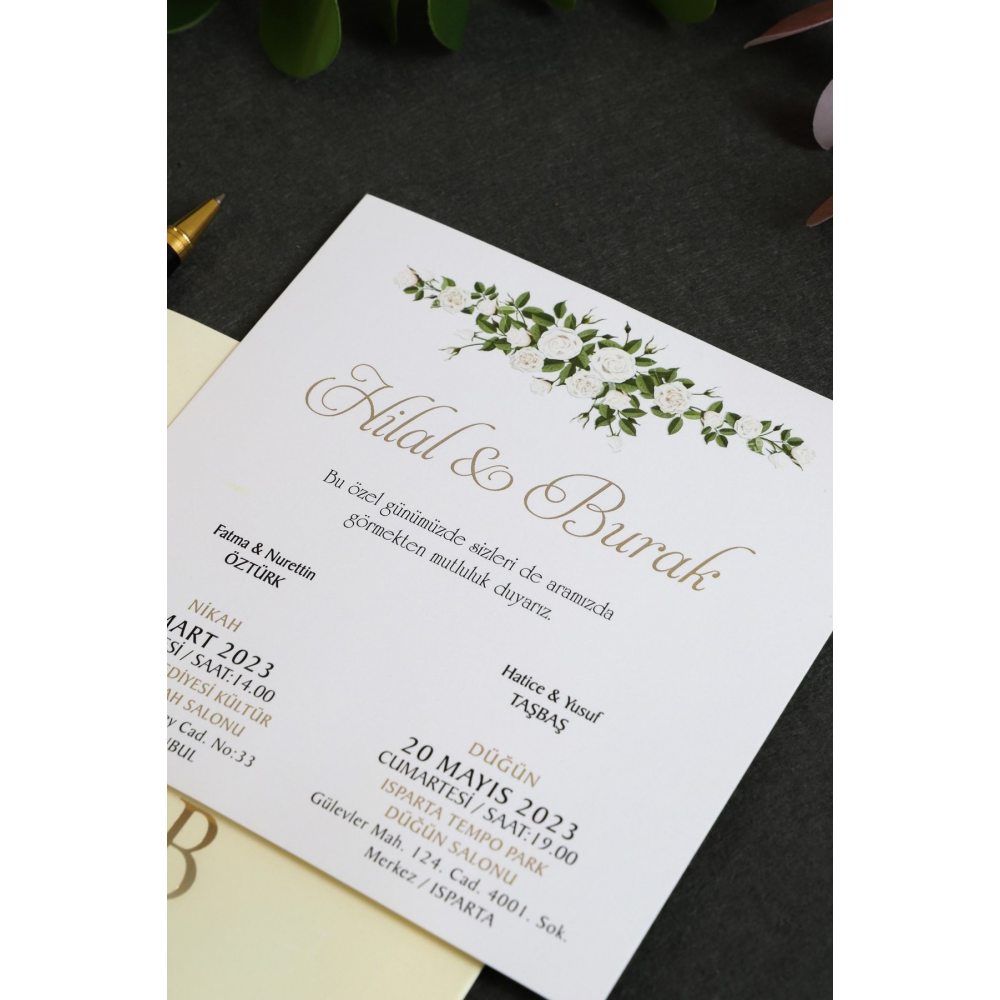 Krem Zarflı Altın Yaldızlı Düğün, Nikah, Nişan Davetiyesi (50 ADET)