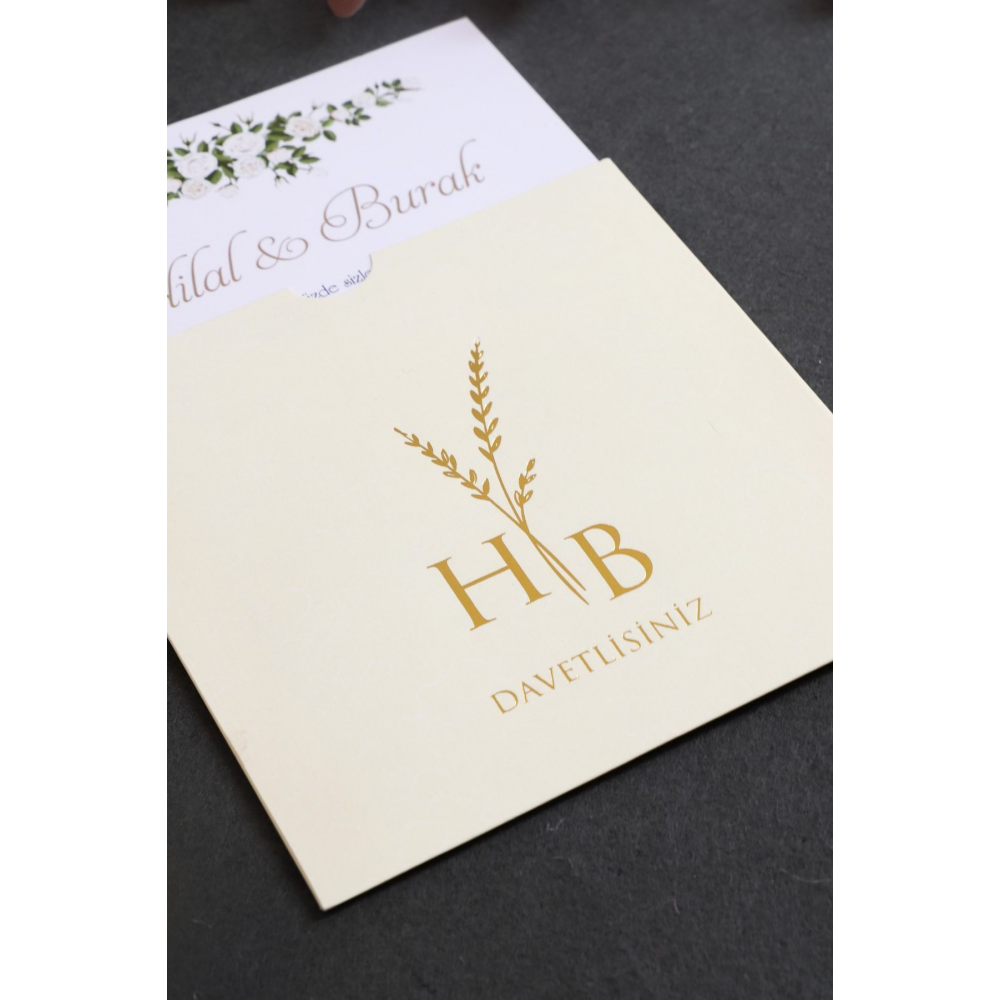 Krem Zarflı Altın Yaldızlı Düğün, Nikah, Nişan Davetiyesi (50 ADET)
