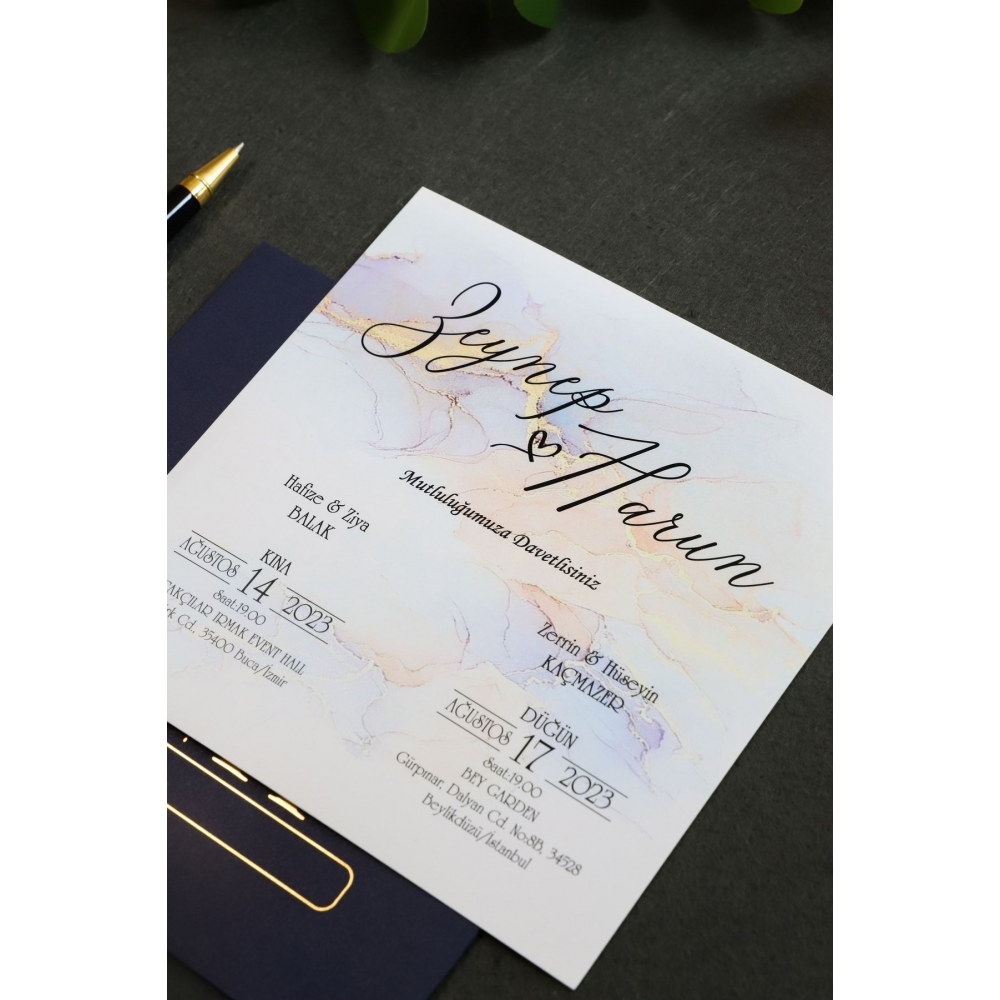 Lacivert Zarflı Altın Yaldızlı Düğün, Nikah, Nişan Davetiyesi (50 ADET)