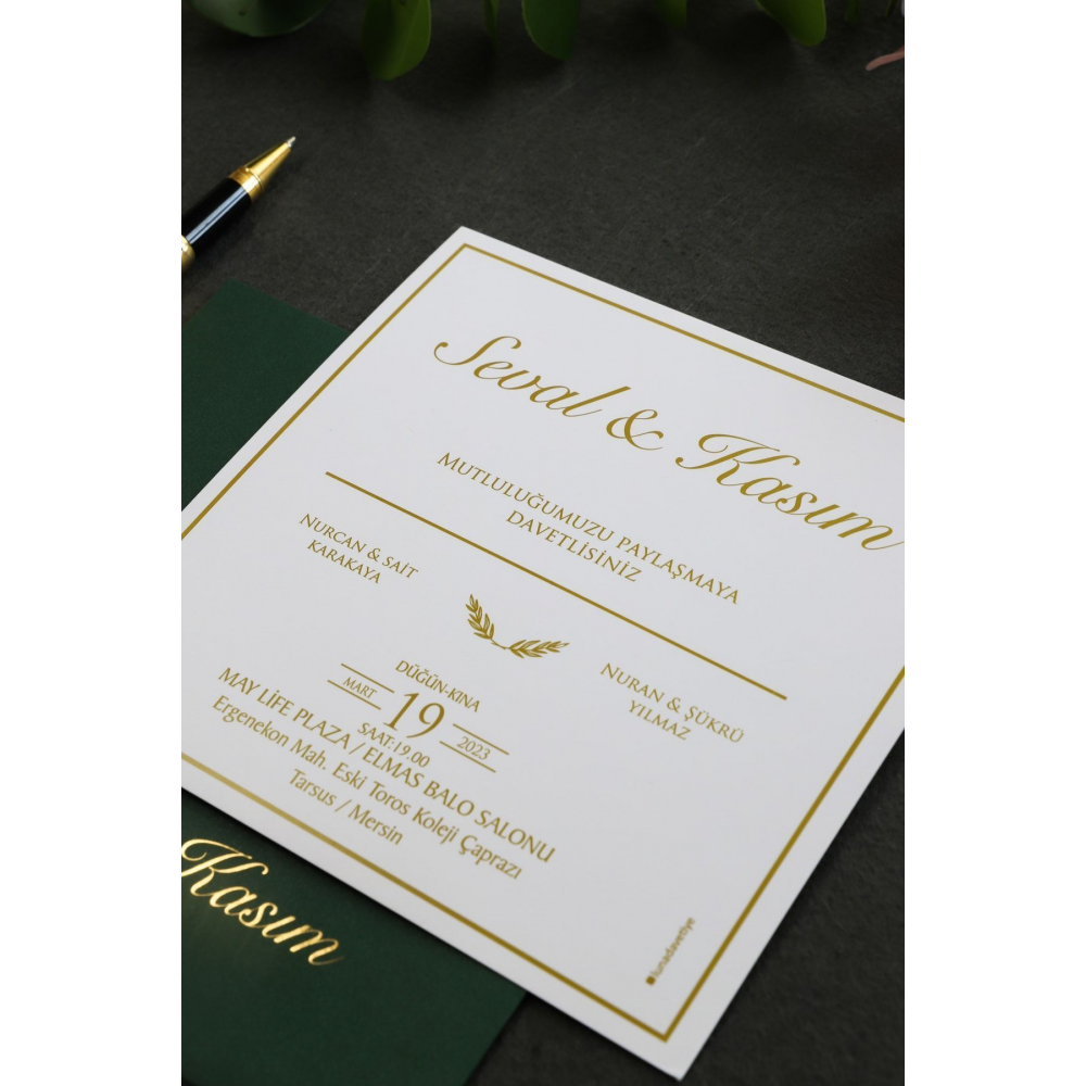 Yeşil Zarflı Gümüş Yaldızlı Düğün Davetiyesi (50 ADET)