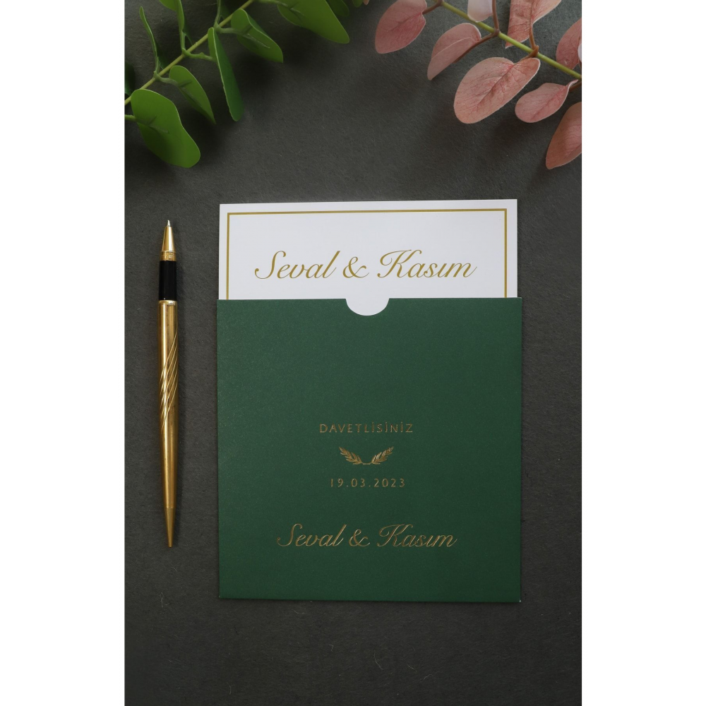 Yeşil Zarflı Gümüş Yaldızlı Düğün Davetiyesi (50 ADET)
