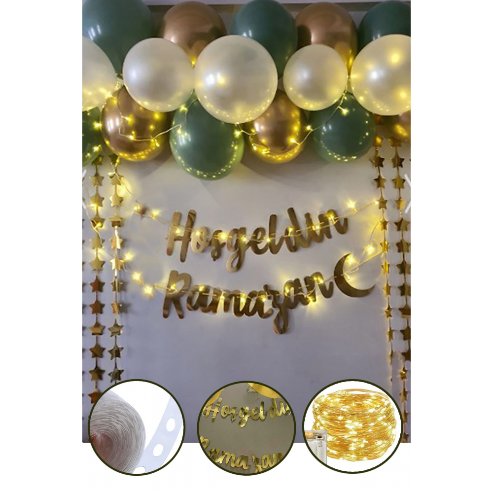 Hoşgeldin Ramazan Gold Yazı Ledli Zincir Balon Seti 11 Ayın Sultanı Ramazan Bayramı Oda Süsleme Seti