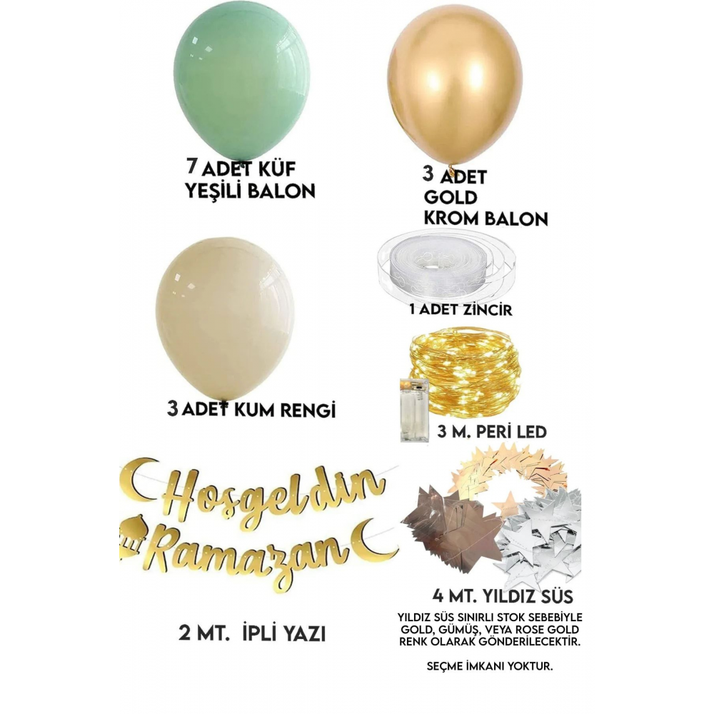 Hoşgeldin Ramazan Gold Yazı Ledli Zincir Balon Seti 11 Ayın Sultanı Ramazan Bayramı Oda Süsleme Seti