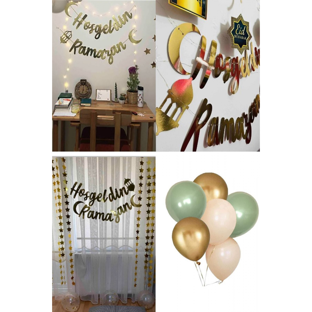 Hoşgeldin Ramazan Gold Yazı Ledli Zincir Balon Seti 11 Ayın Sultanı Ramazan Bayramı Oda Süsleme Seti