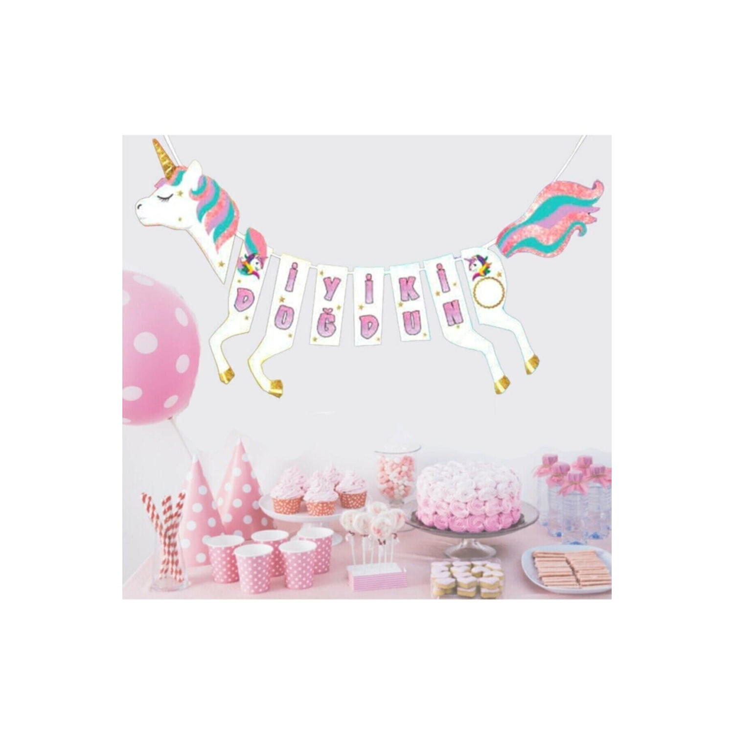 Unicorn Temalı Simli At Şeklinde Iyi Ki Doğdun Yazı Banner