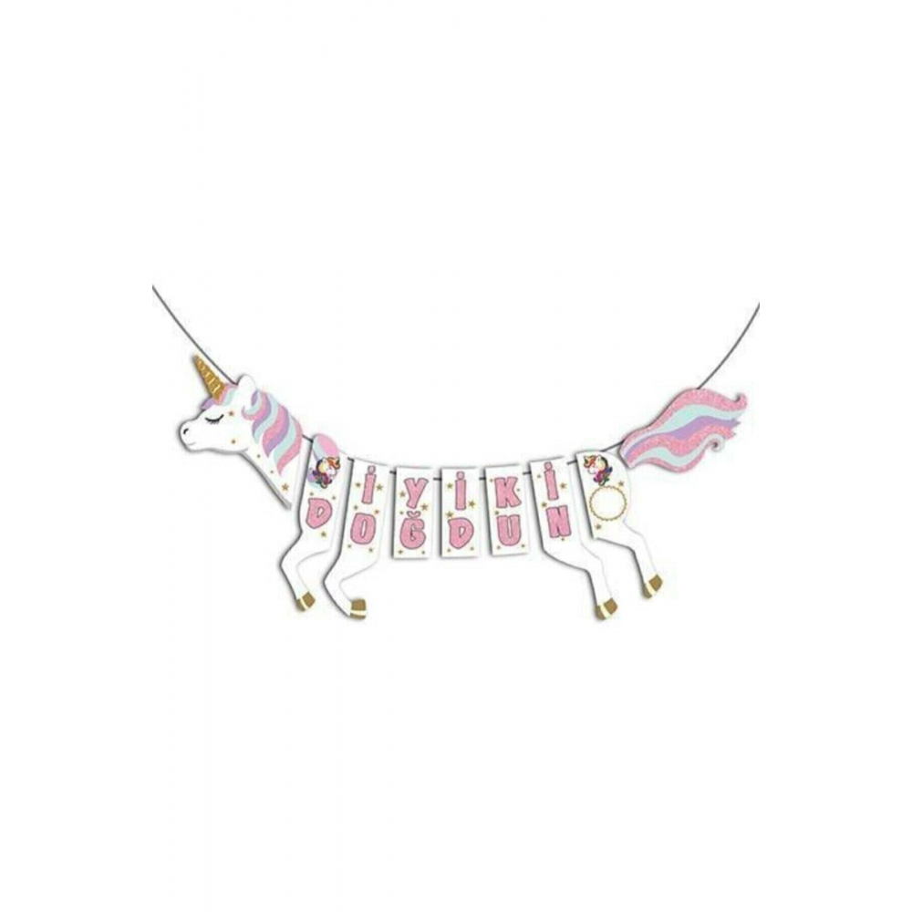 Unicorn Temalı Simli At Şeklinde Iyi Ki Doğdun Yazı Banner