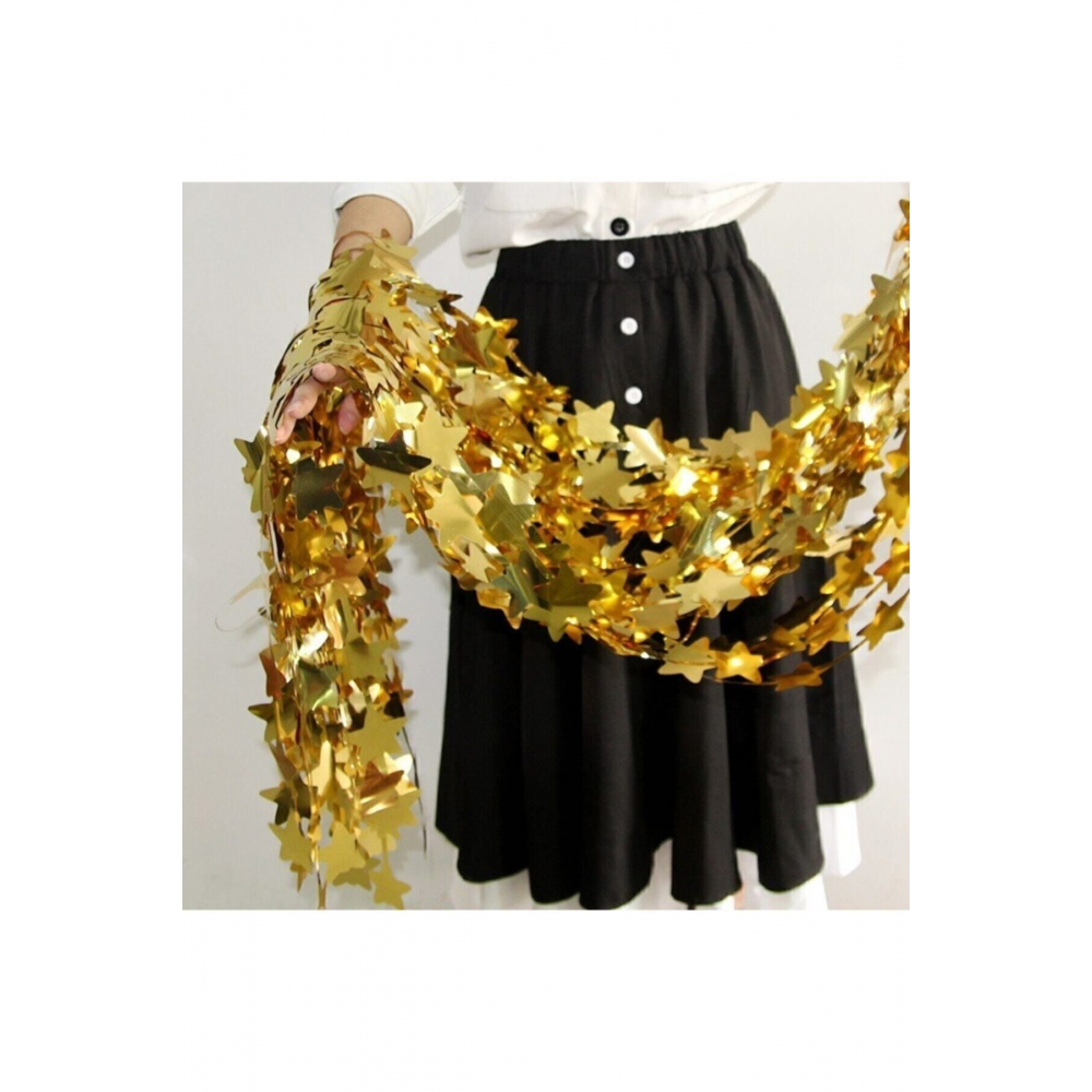 Altın Renk Yıldız Şekilli Metalize Saçaklı Arka Fon Perde