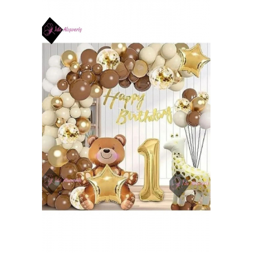 HAYVAN TEMALI FOLYO BALONLU KAHVERENGİ 1 YAŞ DOĞUM GÜNÜ PARTİ SETİ BALON SETİ