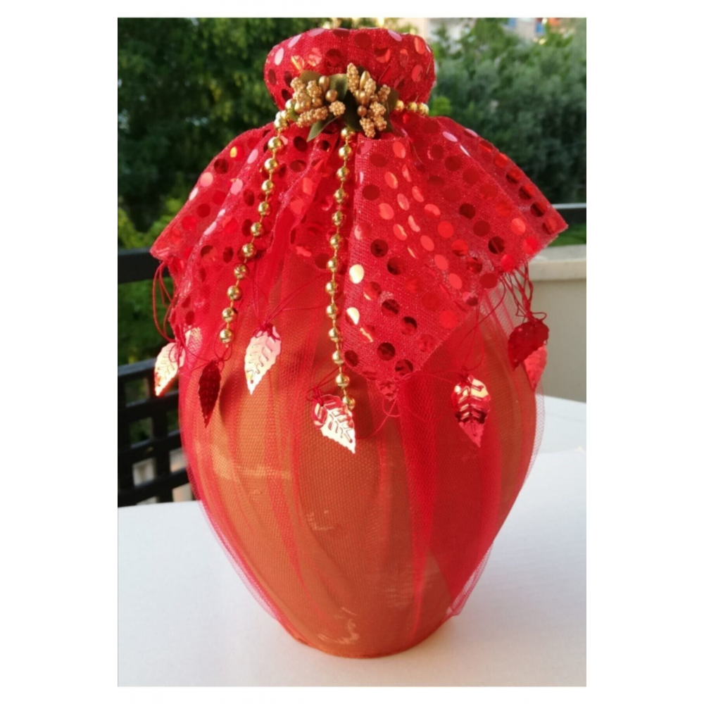 Özel Dekoratif Kırmızı Tüllü Süslü Kına Testisi