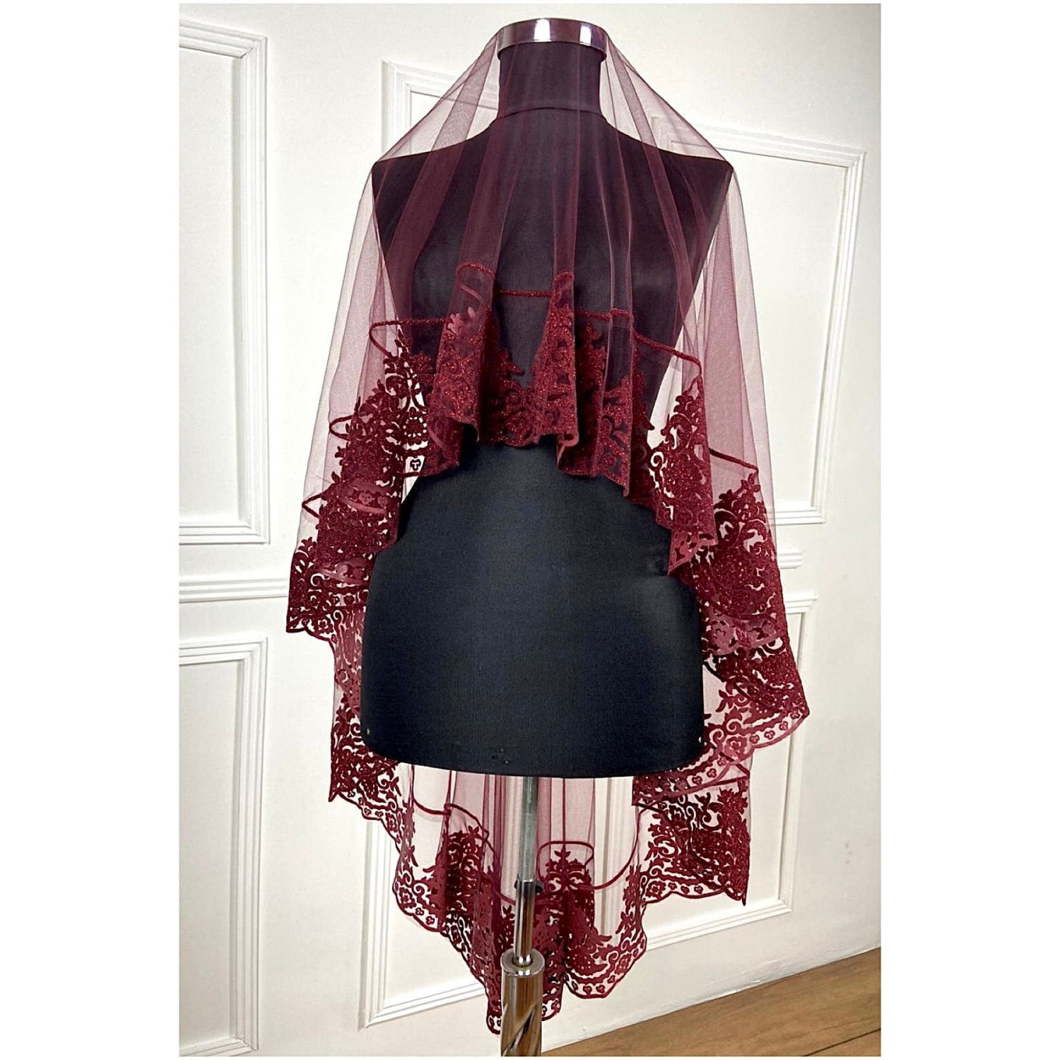 Bordo Gelin Duvak Kına Örtüsü Alı Seti Takım Flok Simli