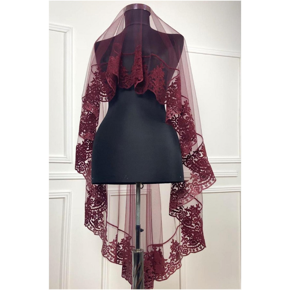 Bordo Gelin Duvak Kına Örtüsü Alı Seti Takım Flok Simli