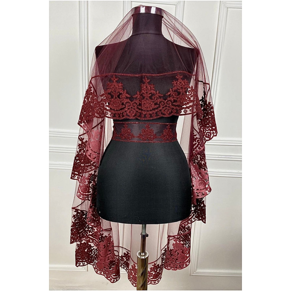 Bordo Gelin Duvak Kına Örtüsü Alı Seti Takım Flok Simli