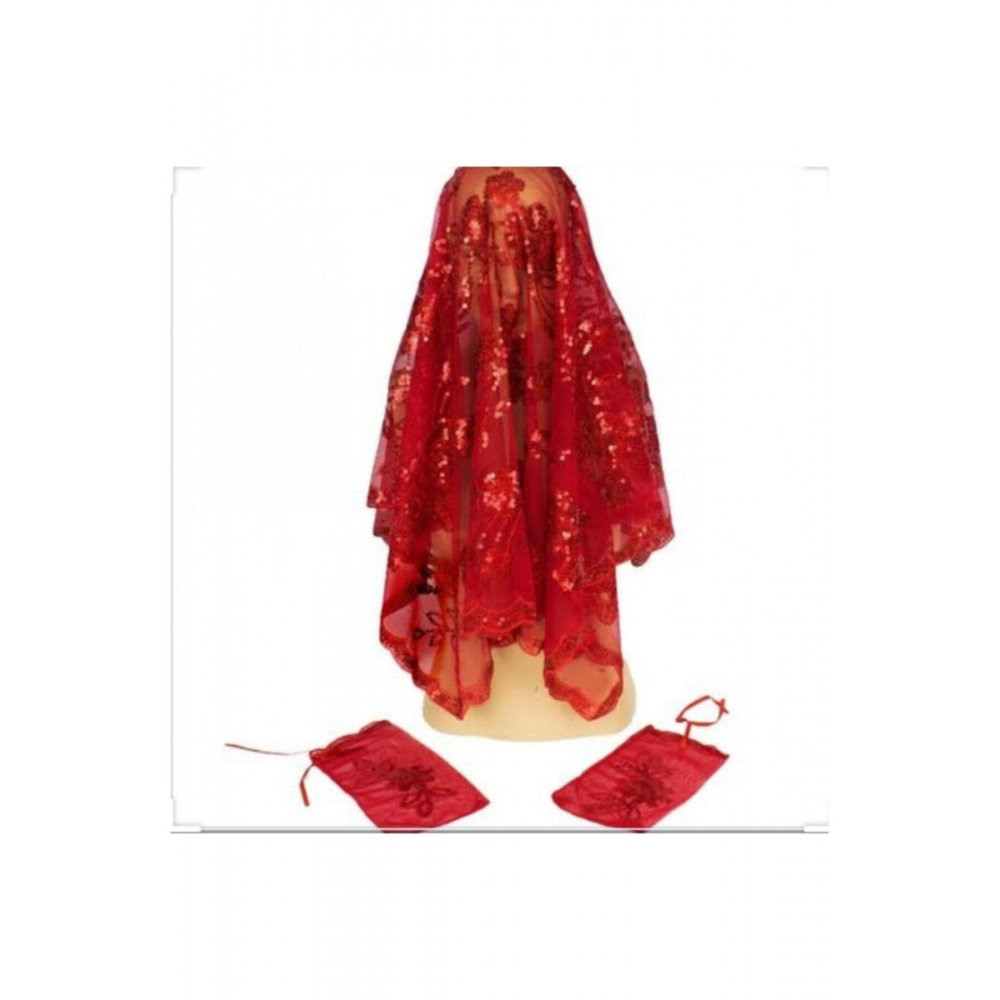 Kına Kırmızı Pullu Gelin Duvağı Kına Örtüsü + 2 Adet Kına Eldiven