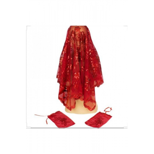 Kına Kırmızı Pullu Gelin Duvağı Kına Örtüsü + 2 Adet Kına Eldiven