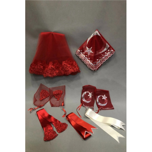 Kırmızı Gelin Duvağı Damat Örtüsü Ve Takı Kurdele Seti