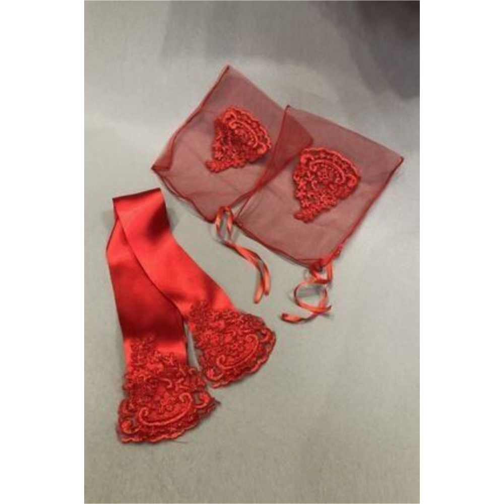 Kırmızı Gelin Duvağı Damat Örtüsü Ve Takı Kurdele Seti