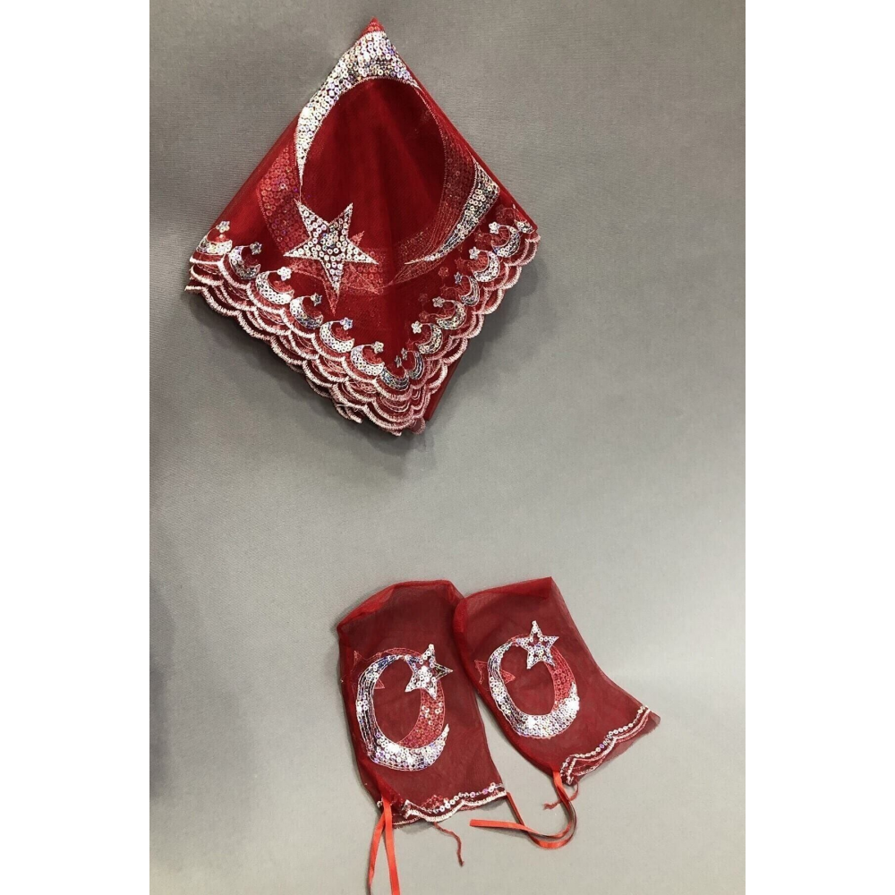 Kırmızı Gelin Duvağı Damat Örtüsü Ve Takı Kurdele Seti