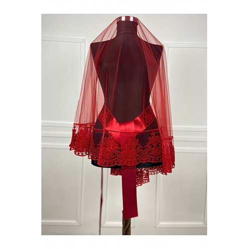 Kırmızı Gelin Duvak Kına Örtüsü Alı Seti Takımı Flok Simli