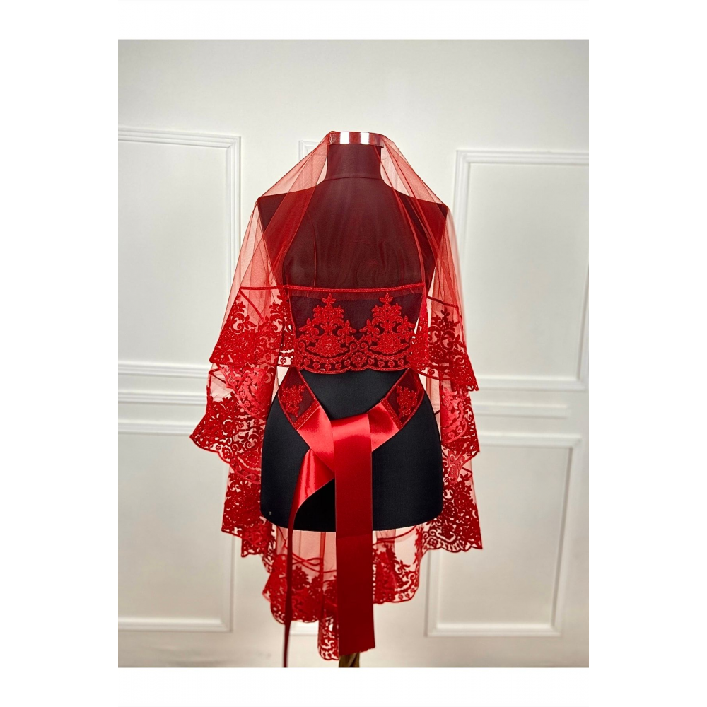 Kırmızı Gelin Duvak Kına Örtüsü Alı Seti Takımı Flok Simli