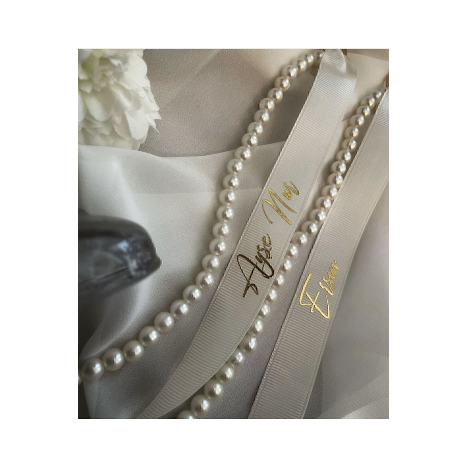 Dökülen Incili Krem Renk Söz & nişan Kişiye Özel Yüzük Kurdelesi