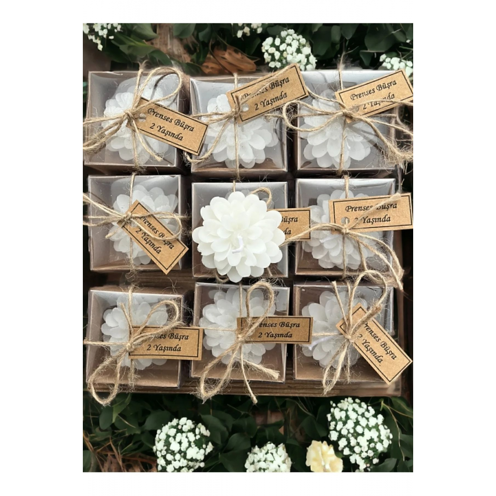 20 Adet Süslemeli Lotus Mum, Düğün, Kına, Nişan, Söz, Hediyelik Kutu