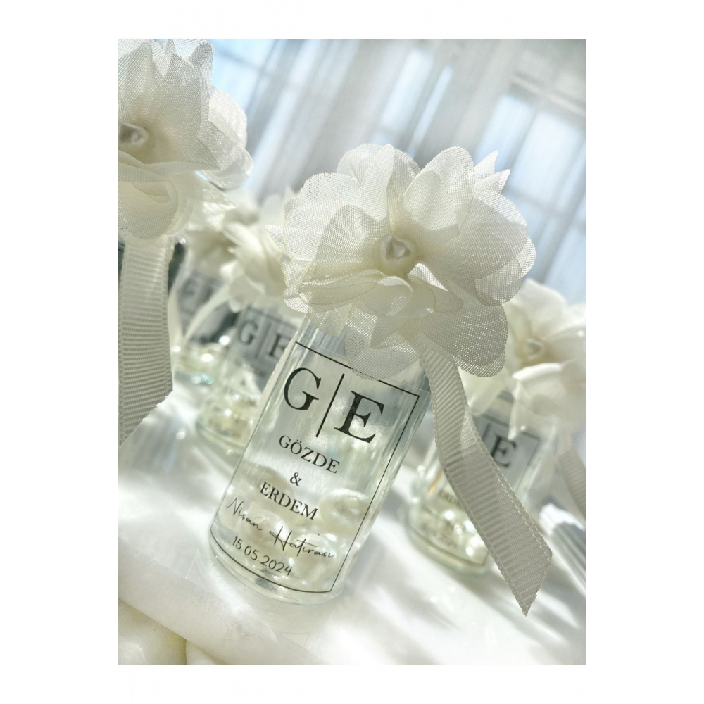 Cam Şişe Çiçek Detaylı İncili Kolonya Söz, Nişan, Düğün, Kına, Nikah, Mevlüt Hediyelik - 15 Adet