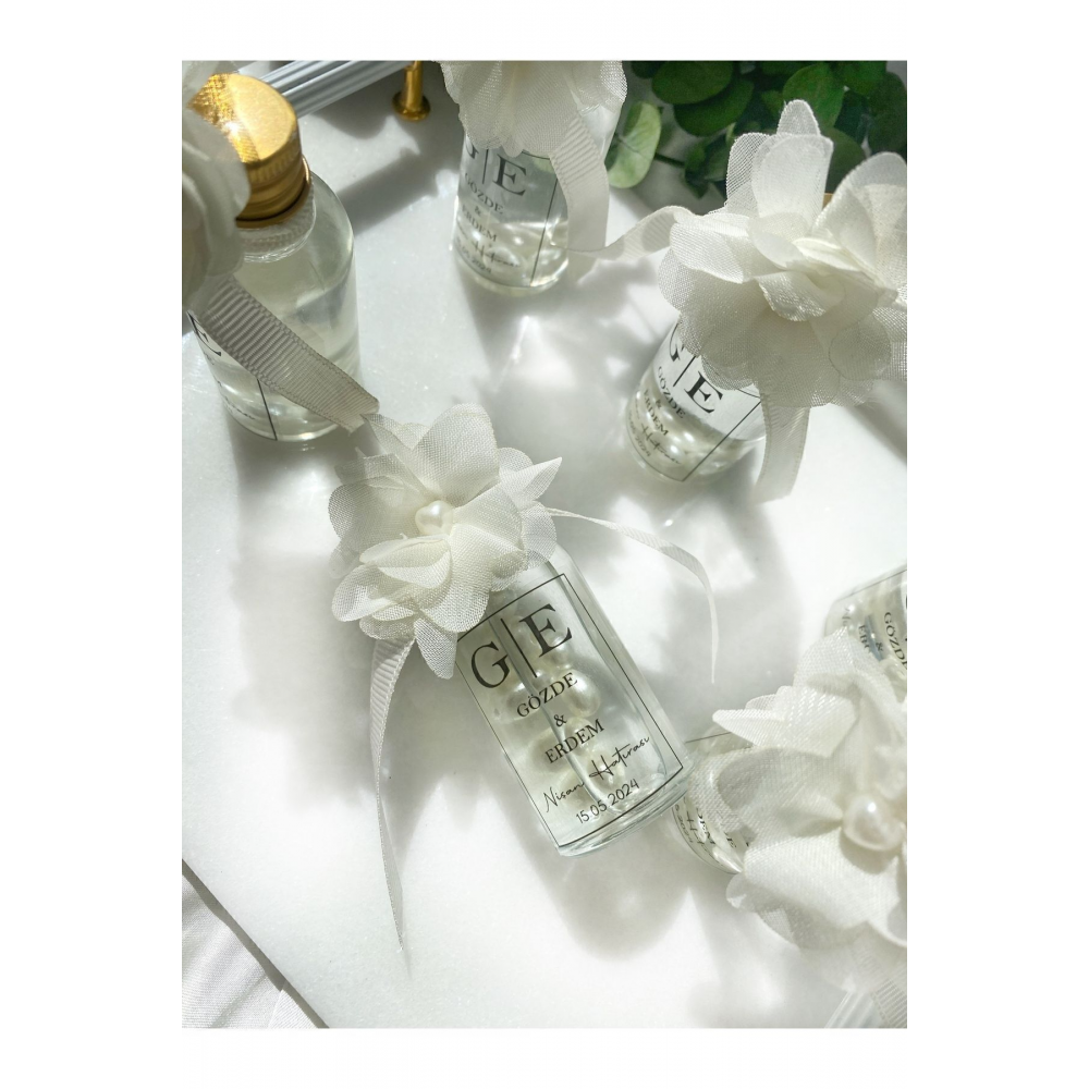 Cam Şişe Çiçek Detaylı İncili Kolonya Söz, Nişan, Düğün, Kına, Nikah, Mevlüt Hediyelik - 15 Adet