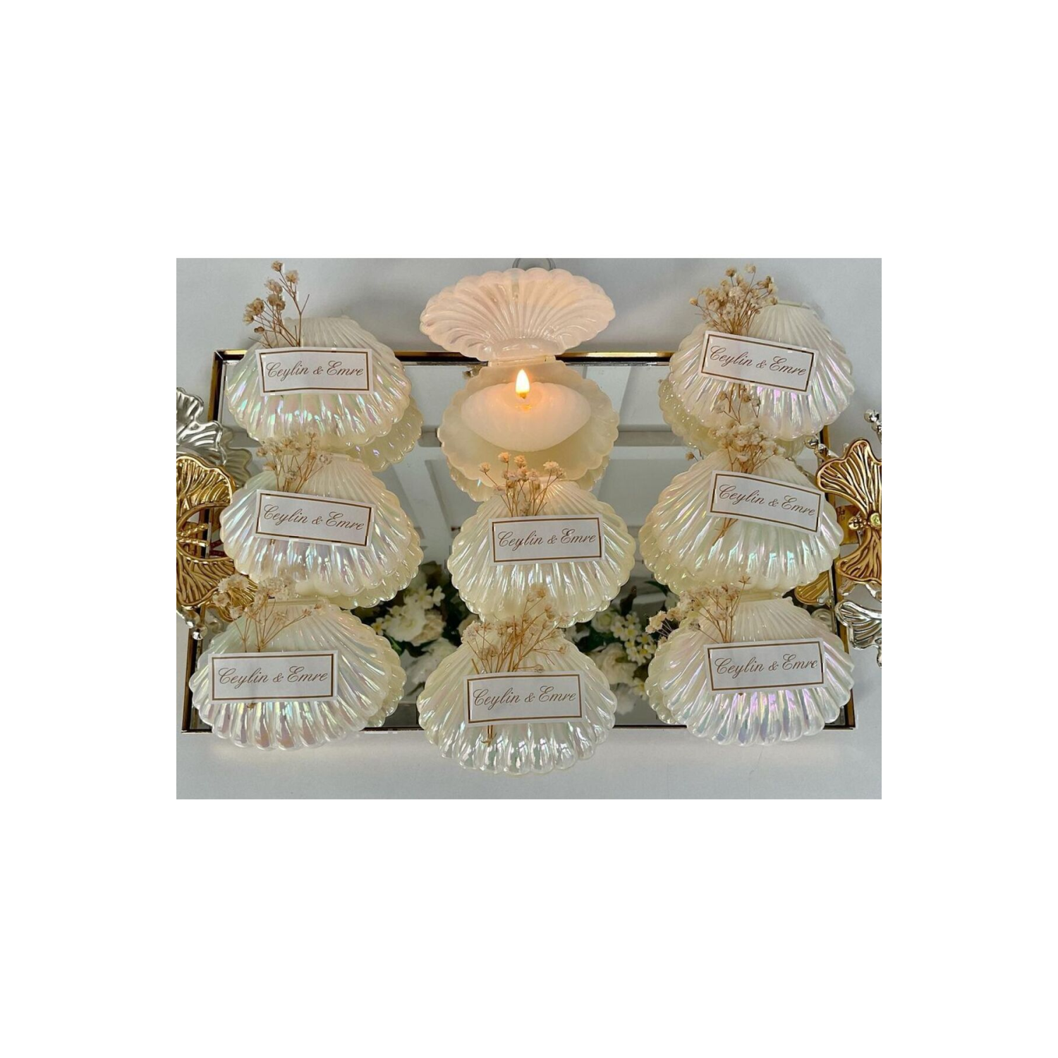 Özel tasarım 15 adet süslemeli istiridye mum. Düğün, kına, nişan, söz, nikah hediyelik kutu