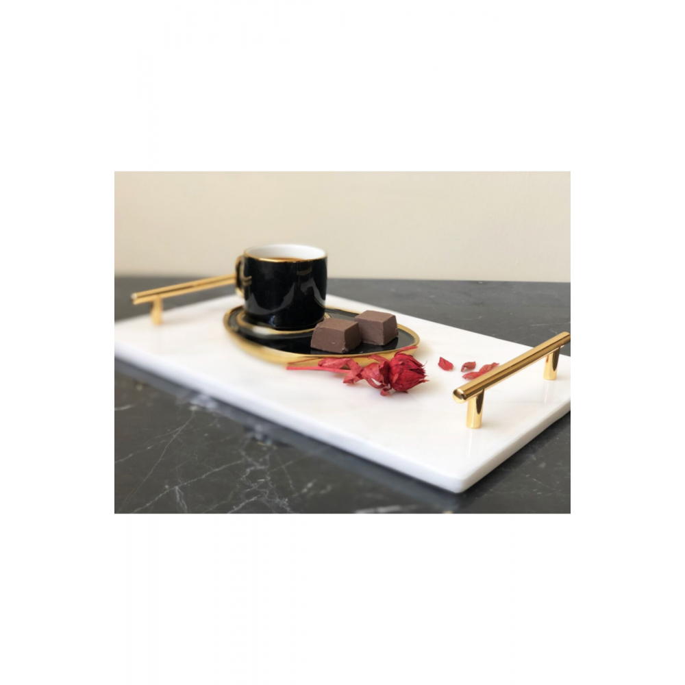 Doğal Mermer 20x30 Sunum Tepsisi Metal Gold Kulp