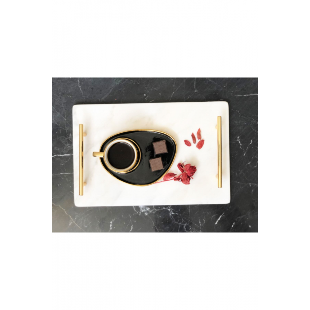 Doğal Mermer 20x30 Sunum Tepsisi Metal Gold Kulp