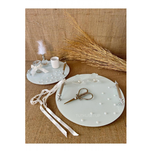 Inci Söz-nişan Tepsi Seti, Isimli Incili Kurdele Hediyeli Ve Isteğe Bağlı Kulplu Fincan