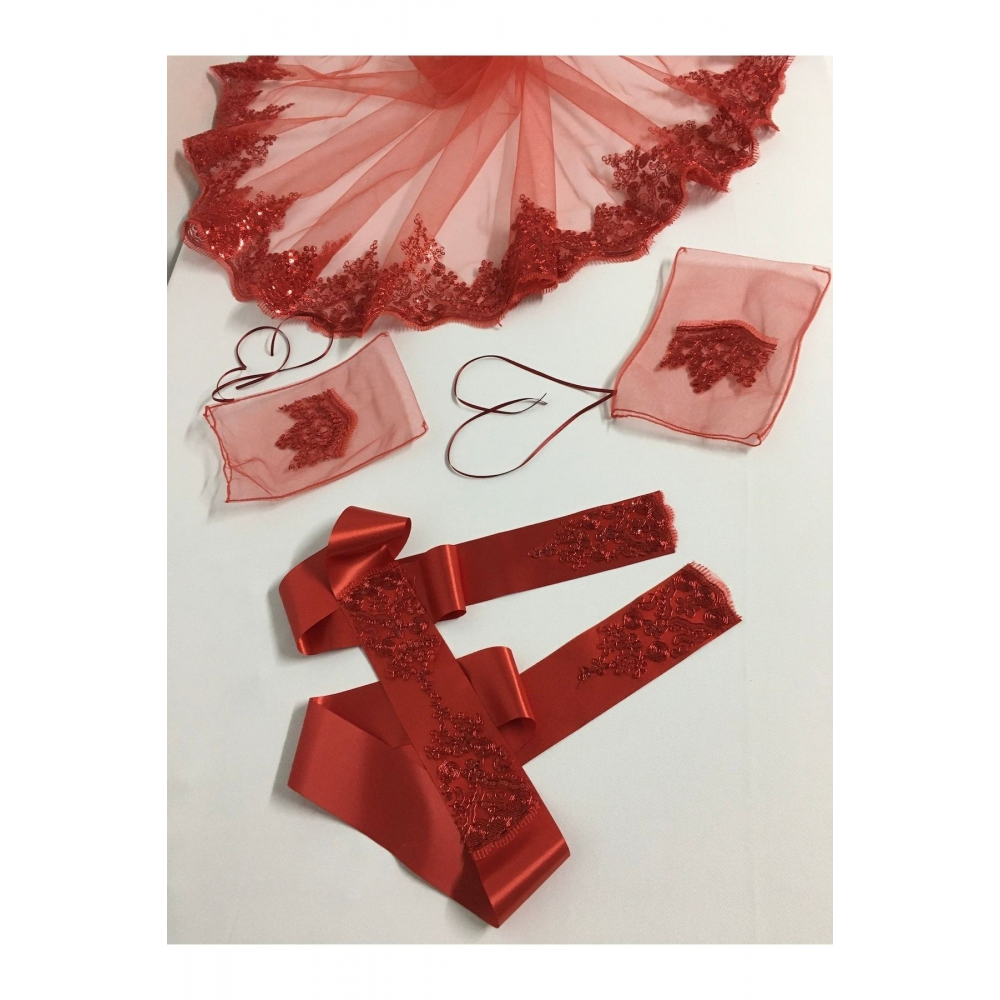 Güpürlü Gelin Duvağı Seti Düğün Yüz Örtüsü Kına Gecesi Nikah Duvak Kuşak Eldiven