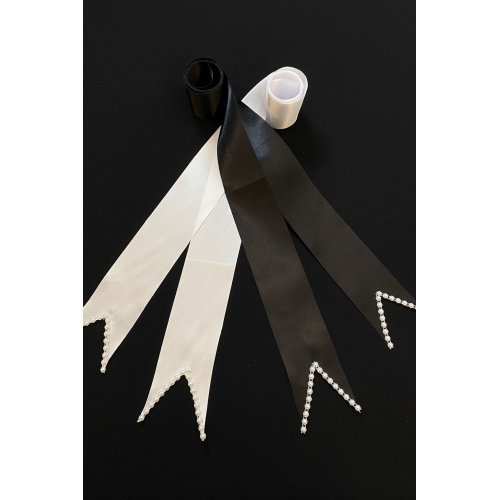 Siyah Beyaz Sade Incili Gelin Damat Takı Kurdelesi, Takı Kemeri