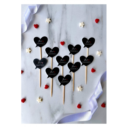 10'lu Minik Düğün/After Party Just Married Siyah Cupcake Topper Çubukları