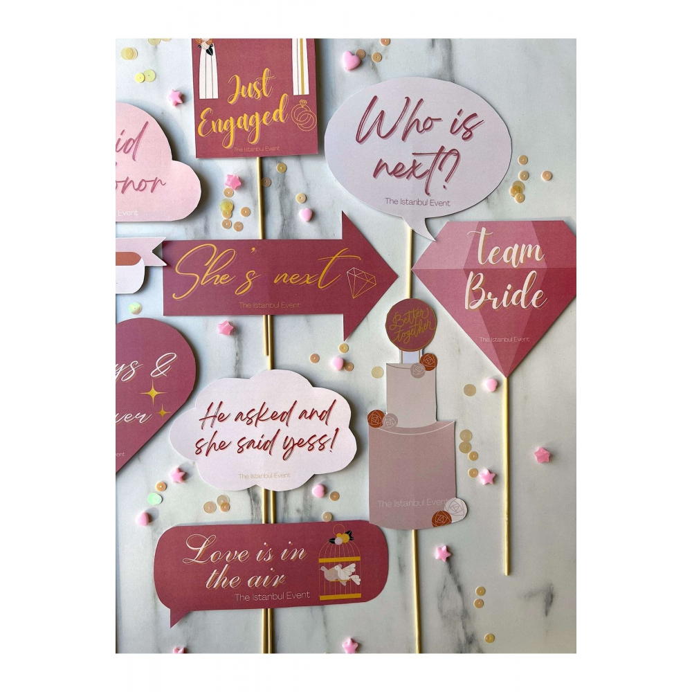 10'lu Nişan Çubuklu Konuşma Balonu Seti - She Said Yes - Team Bride - Just Engaged - Better Together