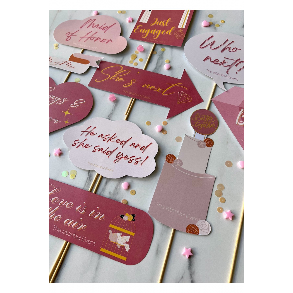 10'lu Nişan Çubuklu Konuşma Balonu Seti - She Said Yes - Team Bride - Just Engaged - Better Together