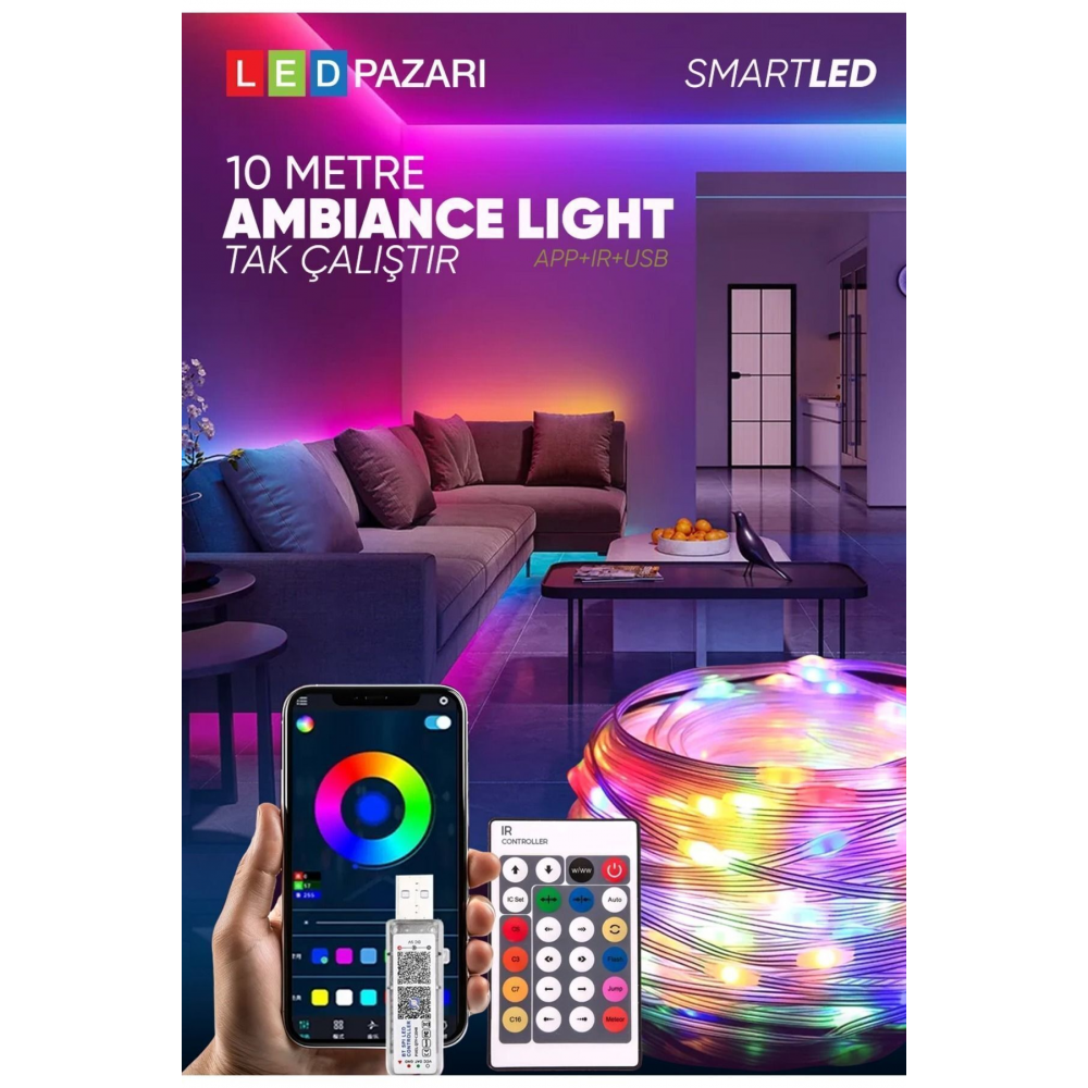 10 Metre Rgb Ses Kontrollü Kumandalı Telefon Kontrollü Kayar Magic Led Müzik Rgb Şerit Su Geçirmez
