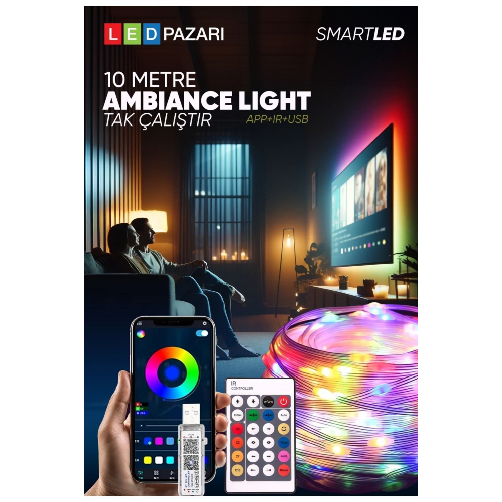 10 Metre Rgb Ses Kontrollü Kumandalı Telefon Kontrollü Kayar Magic Led Müzik Rgb Şerit Su Geçirmez