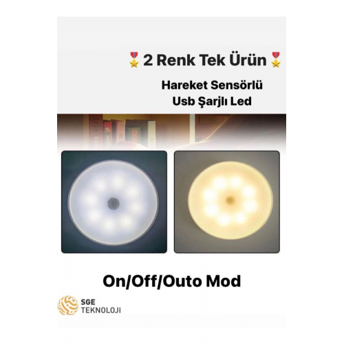 Hareket Sensörlü 16 Ledli Şarjlı 2 Renk Beyaz Ve Gün Işığı Led Auto Mod Dolap Içi, Koridor Type-c