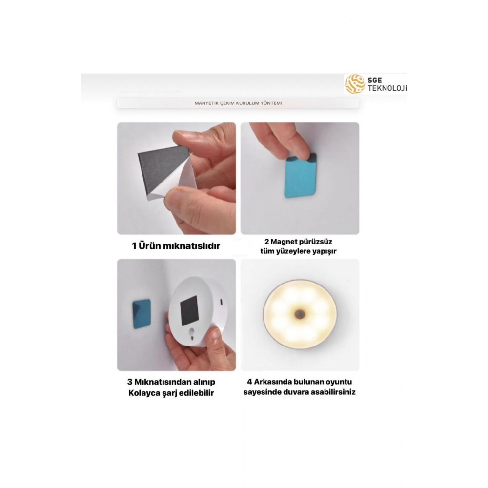 Hareket Sensörlü 16 Ledli Şarjlı 2 Renk Beyaz Ve Gün Işığı Led Auto Mod Dolap Içi, Koridor Type-c