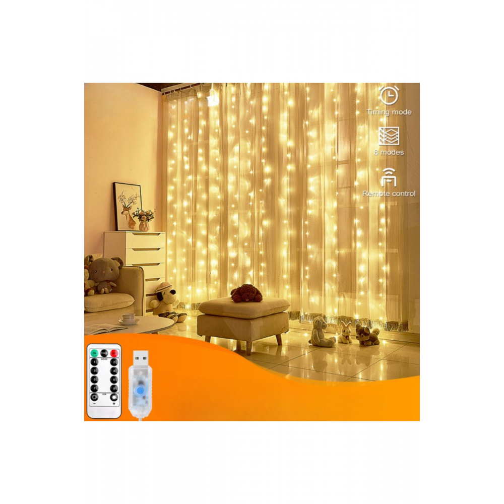 Perde Led 3mx3m Kumandalı 8 Fonksıyonlu 300 Ledli 10 Sarkıtlı Usb Girişli