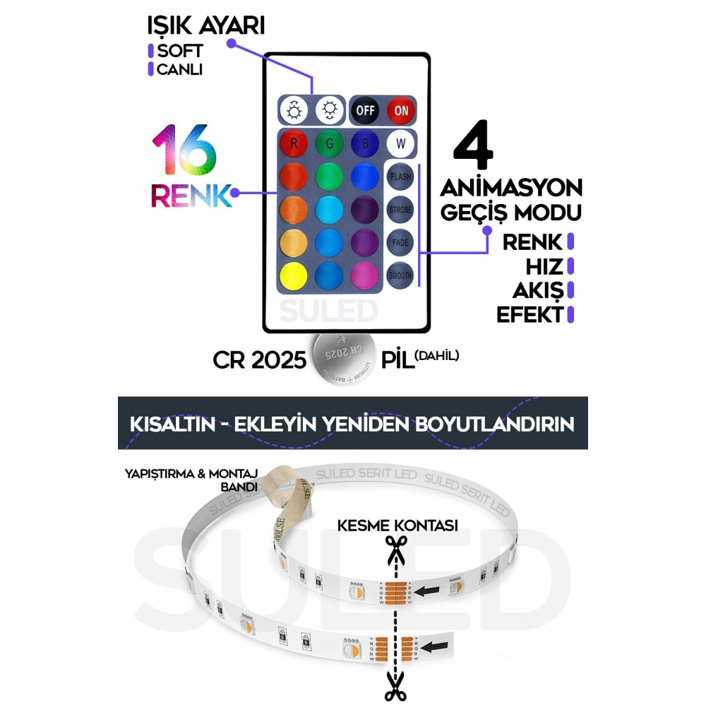 Şerit Led 5 Metre Animasyonlu Tak Çalıştır Kumandalı Trafolu Rgb Şerit Işık Aydınlatma Parti Led
