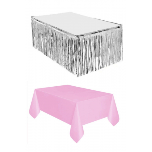 Gümüş Metalize Masa Eteği  Plastik Pembe Masa Örtüsü