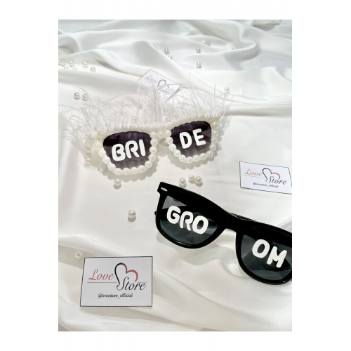 Gelin Damat Güneş Gözlüğü Özel Tasarım İncili Tüylü Bride Groom Yazılı Güneş Gözlüğü Çekim Aksesuarı