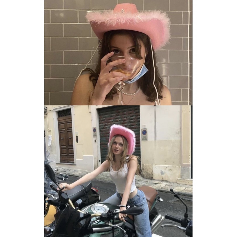 Pembe Tüylü Y2k Barbie Kovboy Şapka